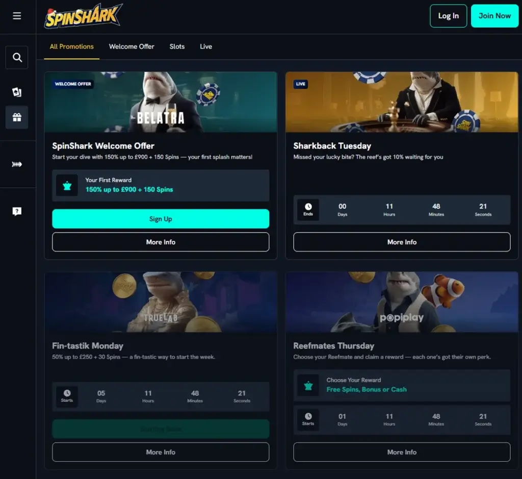 Spin Shark Casino desktop promotions screenshot showing active bonuses, special offers, and wagering terms layout – tested Spin Shark Casino desktop promotions screenshot showing active bonuses, special offers, and wagering terms layout – tested
