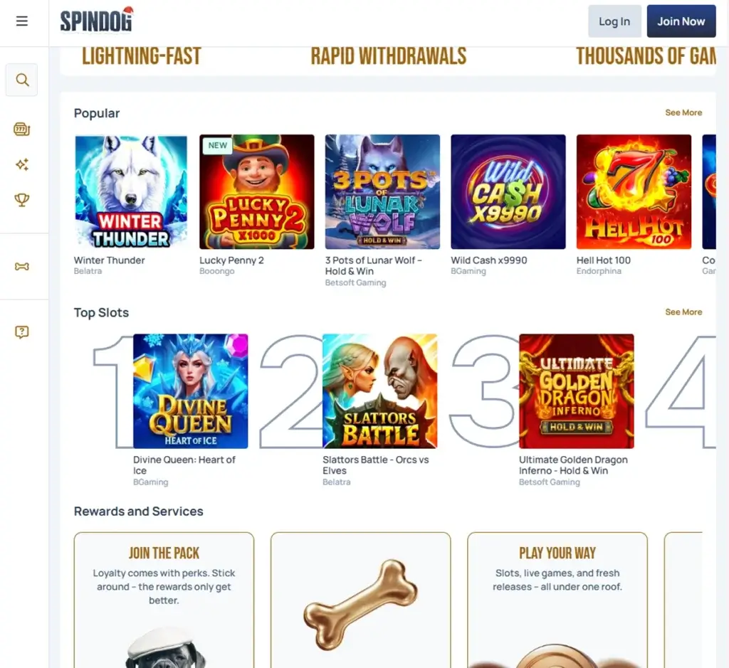 SpinDog Casino desktop homepage screenshot showing featured promotions, main navigation menu, and highlighted games – tested