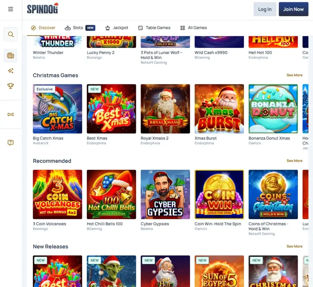 SpinDog Casino desktop games collection screenshot showing slots, table games, and live casino categories – tested