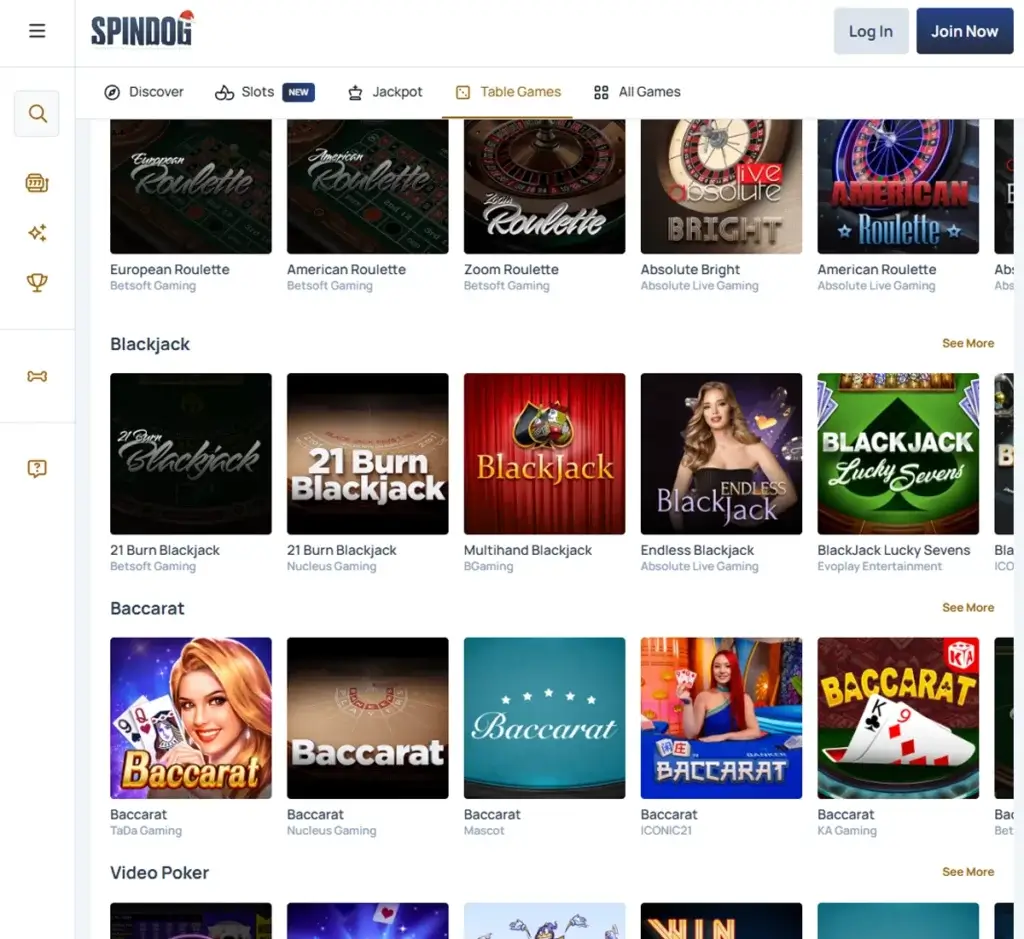 SpinDog Casino desktop table games screenshot displaying blackjack, roulette, and baccarat options – tested
