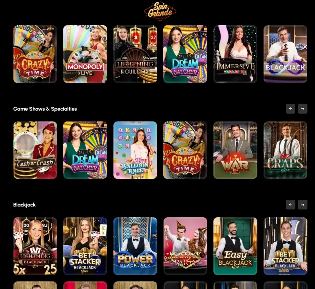 SpinGrande Casino desktop live casino screenshot showing live dealer games including roulette and blackjack – tested
