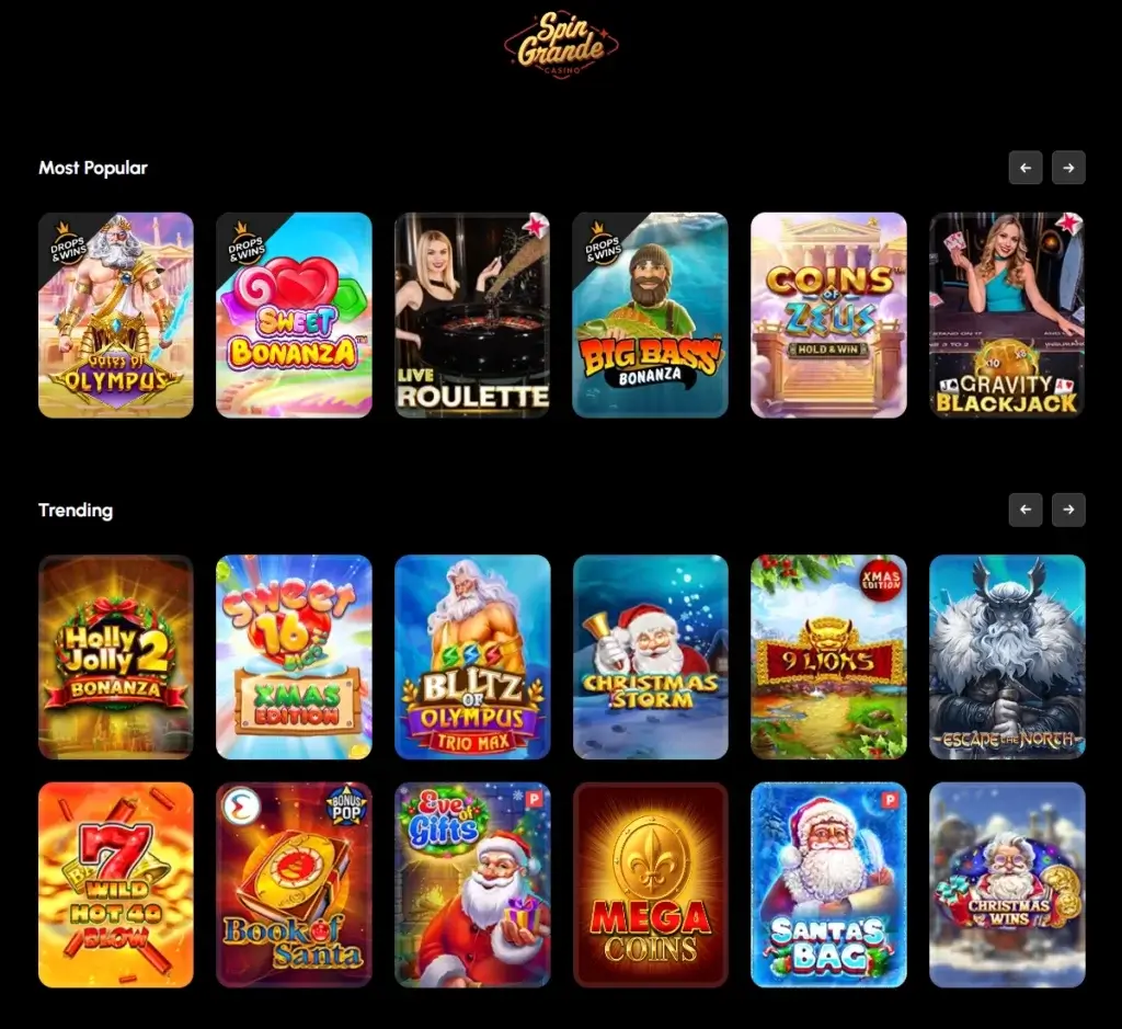 SpinGrande Casino desktop homepage screenshot showing game lobby, navigation menu, and featured content – tested