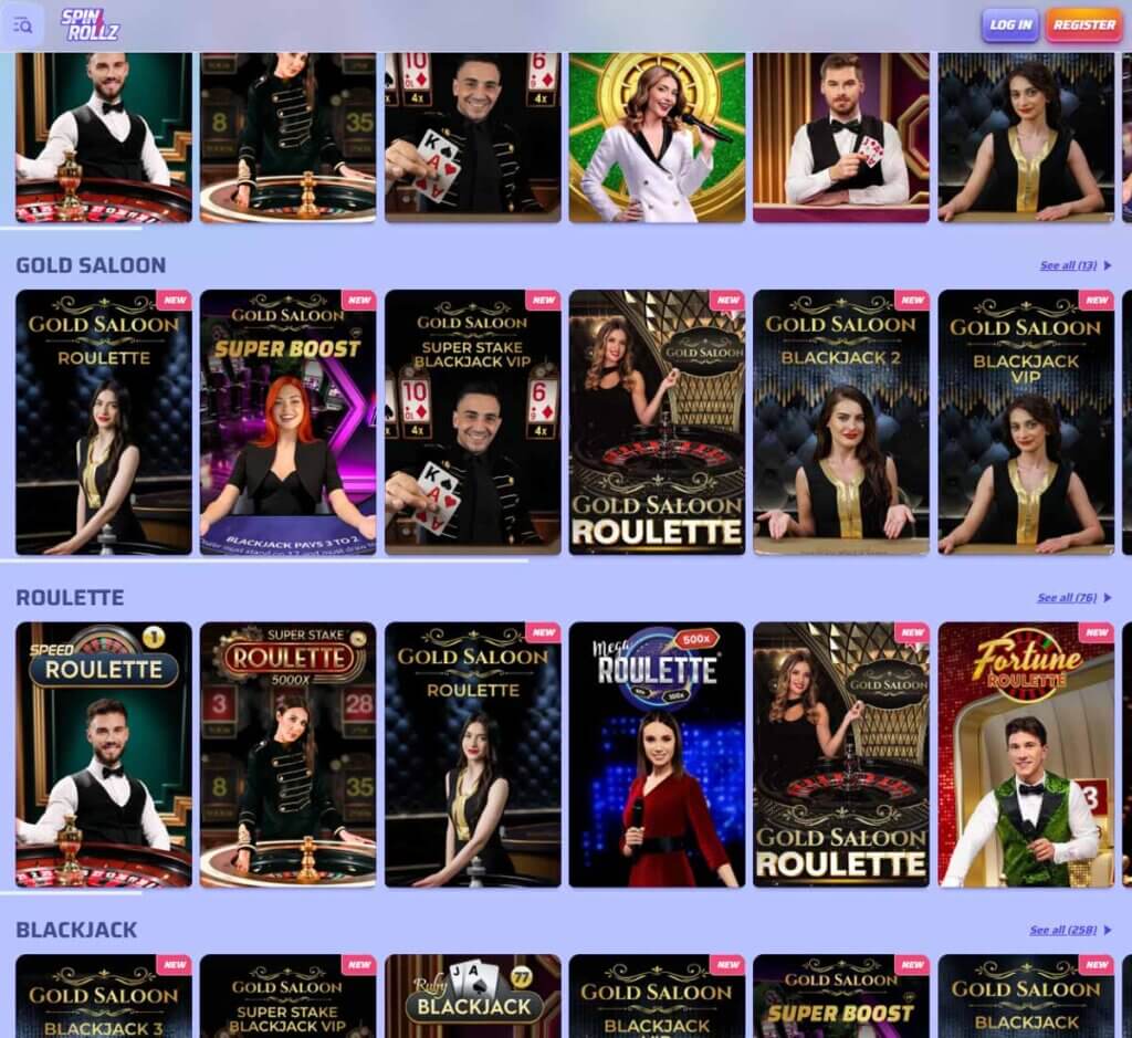 SpinRollz Casino desktop live casino screenshot showing real-dealer tables including roulette, blackjack and baccarat with lobby navigation - tested SpinRollz Casino desktop live casino screenshot showing real-dealer tables including roulette, blackjack and baccarat with lobby navigation - tested
