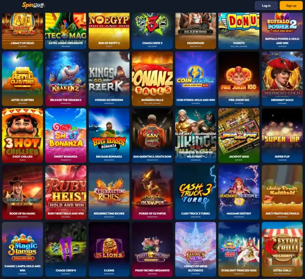 Spinhub Casino desktop Slots screenshot showing multiple slot categories, featured games and provider filters - tested