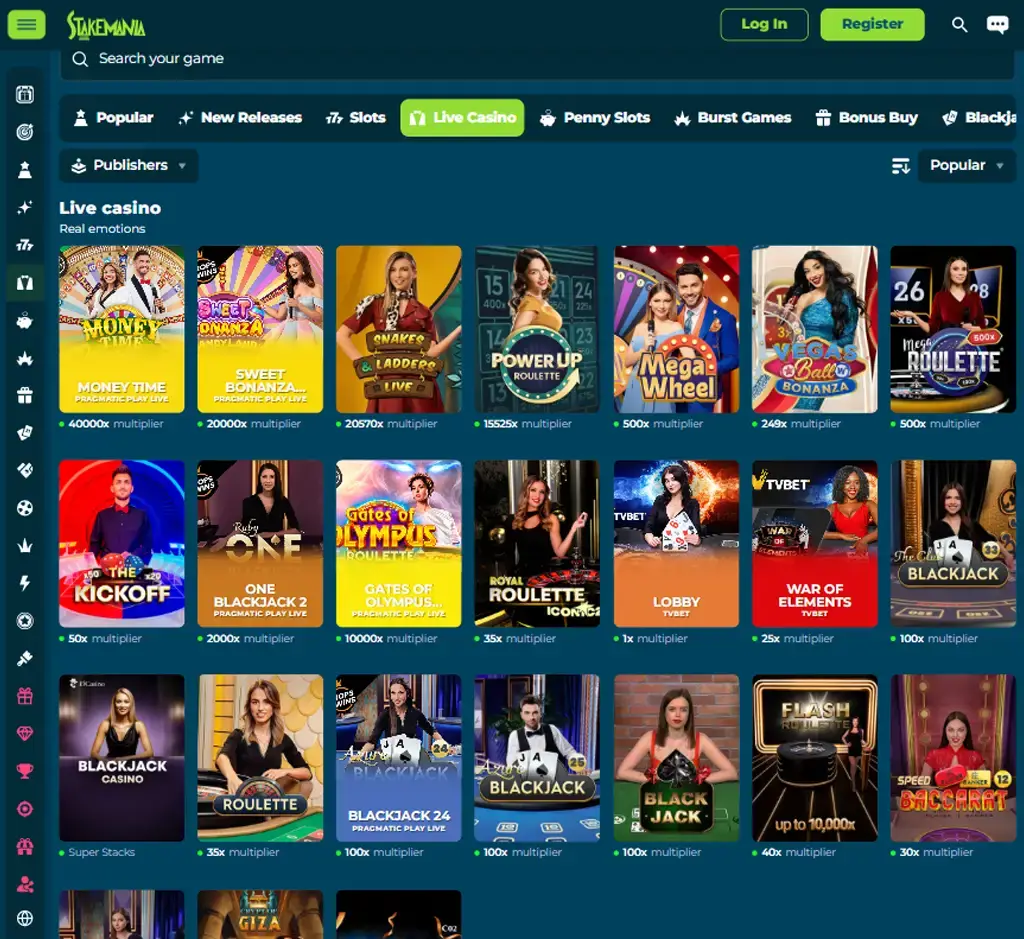 StakeMania Casino desktop live casino lobby featuring live dealer games and real-time streaming interface - Tested StakeMania Casino desktop live casino lobby featuring live dealer games and real-time streaming interface - Tested