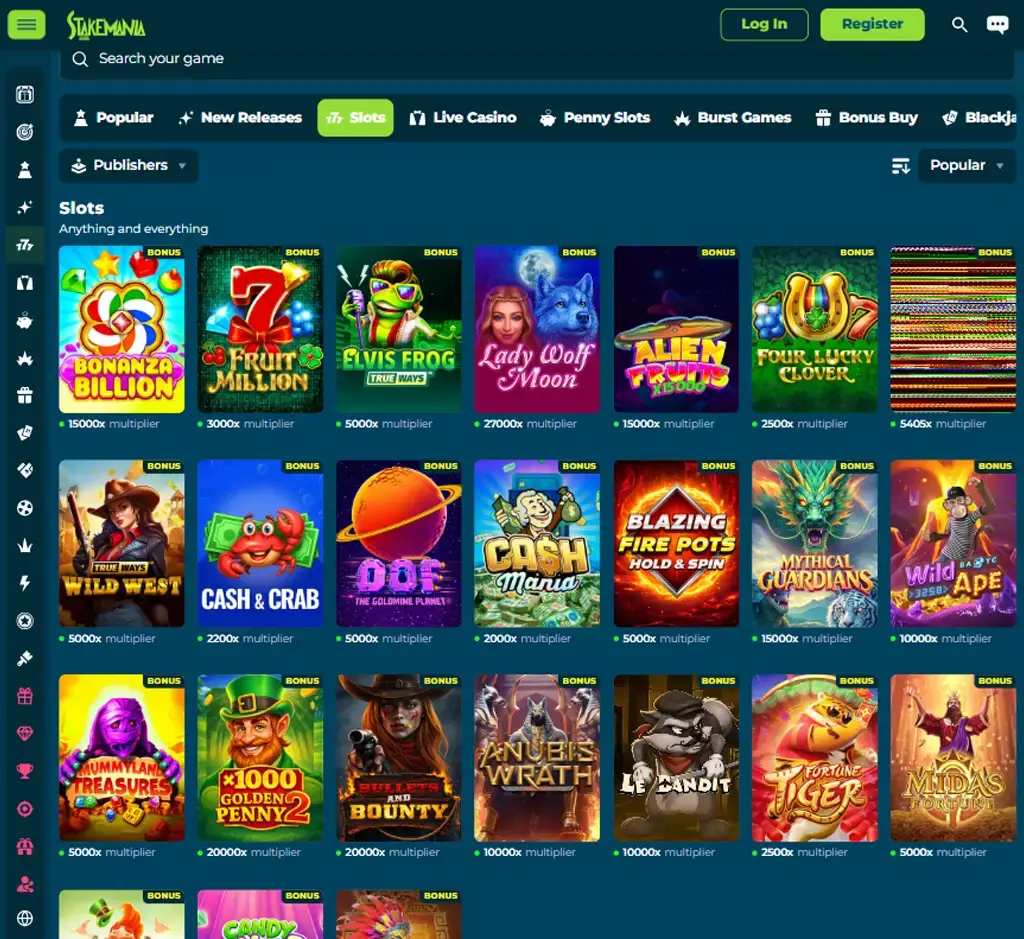StakeMania Casino desktop slots lobby presenting a variety of slot games with categories and providers - Tested StakeMania Casino desktop slots lobby presenting a variety of slot games with categories and providers - Tested