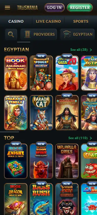Talismania Casino mobile homepage screenshot showing main lobby with featured games and promotions - captured during platform testing