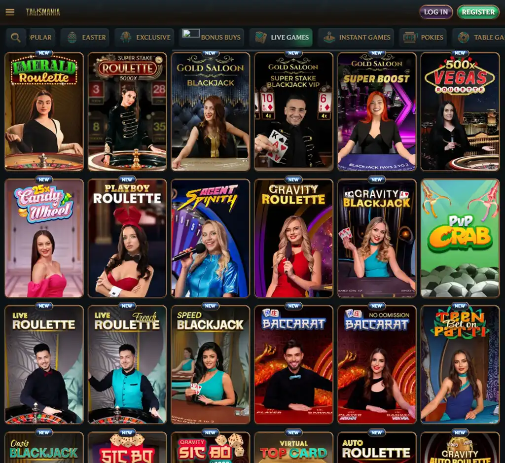 Talismania Casino desktop live casino lobby screenshot featuring live dealer games and real-time streaming interface - review testing