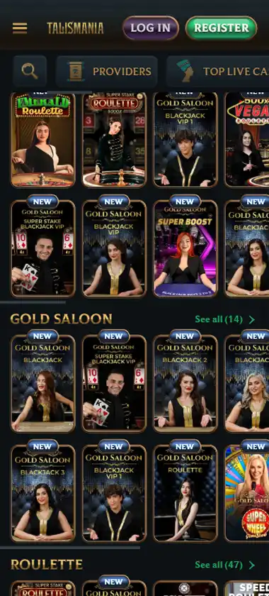 Talismania Casino mobile live casino interface screenshot showing live dealer tables including blackjack and roulette - tested