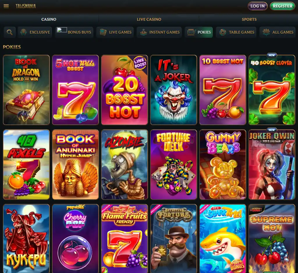 Talismania Casino desktop slots lobby screenshot presenting variety of slot games with categories and providers - verified