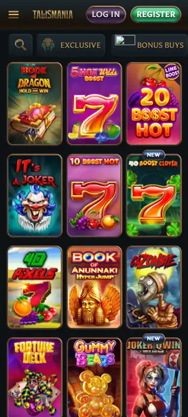 Talismania Casino mobile slots interface screenshot showing slot game selection with popular titles and filtering options - captured during platform testing