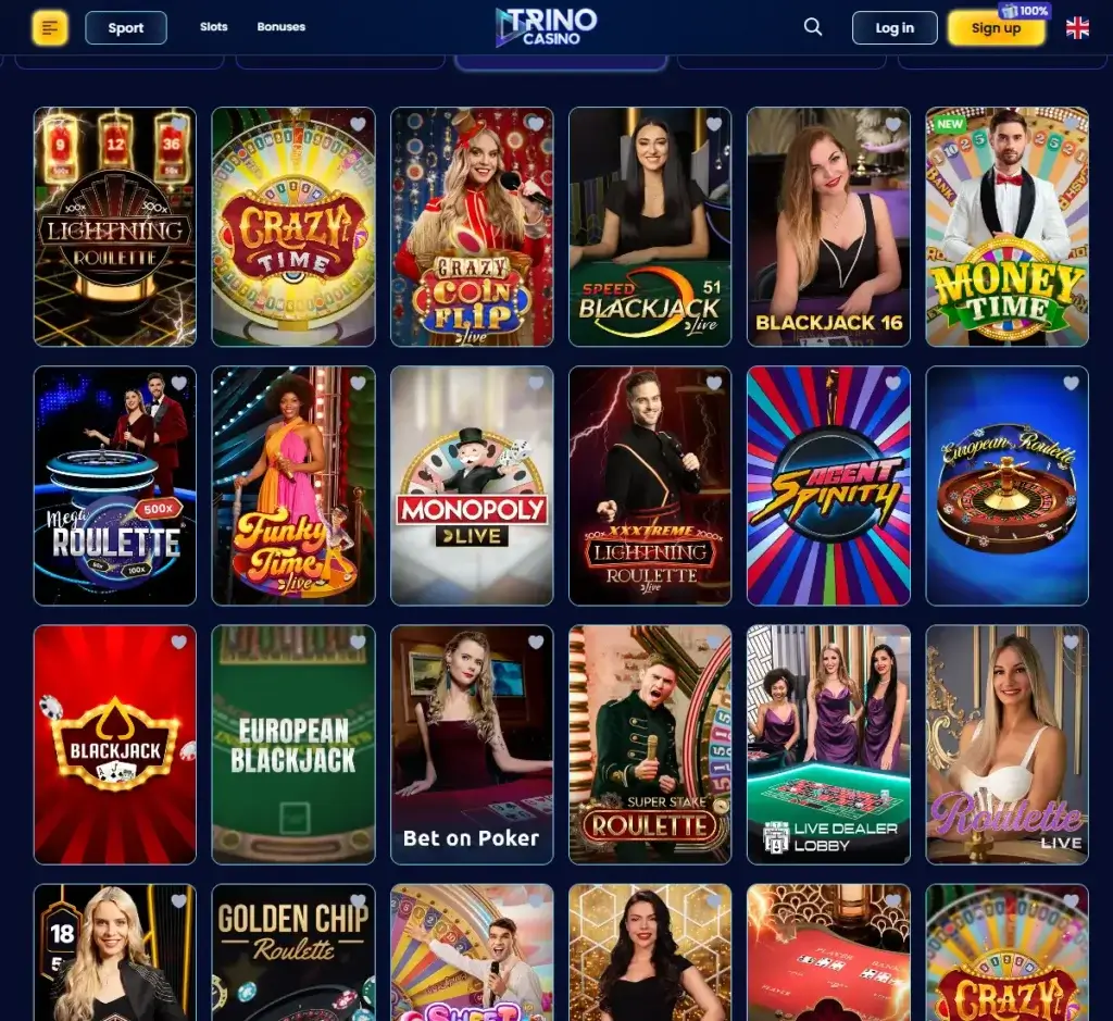 Trino Casino desktop live casino screenshot displaying real-dealer tables including roulette, blackjack and baccarat with lobby navigation - tested