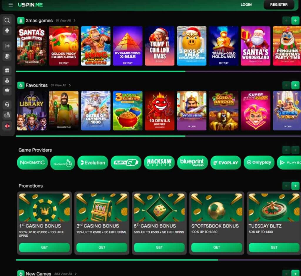 Uspin.me desktop homepage screenshot showing main navigation menu, featured games and promotional banners - tested