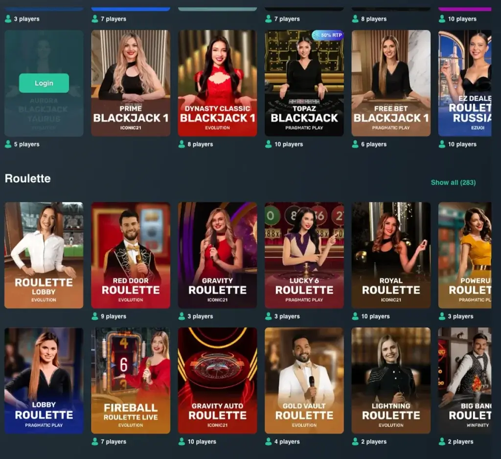 Vave Casino desktop live casino screenshot displaying real-dealer tables including roulette, blackjack and baccarat with lobby navigation - tested