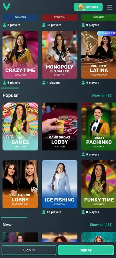 Vave Casino mobile live casino screenshot showing real-dealer tables including roulette and blackjack with compact lobby layout - tested