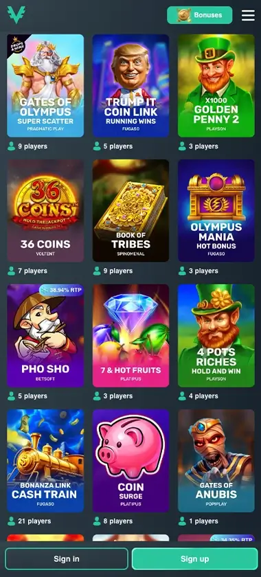 Vave Casino mobile slots screenshot showing slot game thumbnails, categories and mobile navigation layout - tested