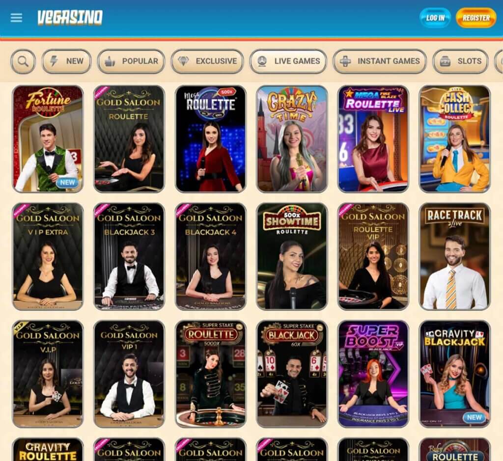 Vegasino Casino desktop live casino lobby screenshot featuring live dealer games and real-time streaming interface - review testing