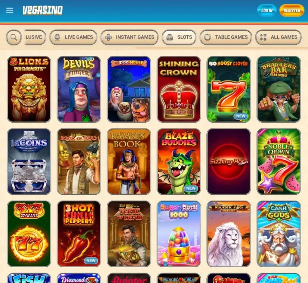 Vegasino Casino desktop slots lobby screenshot presenting variety of slot games with categories and providers - verified