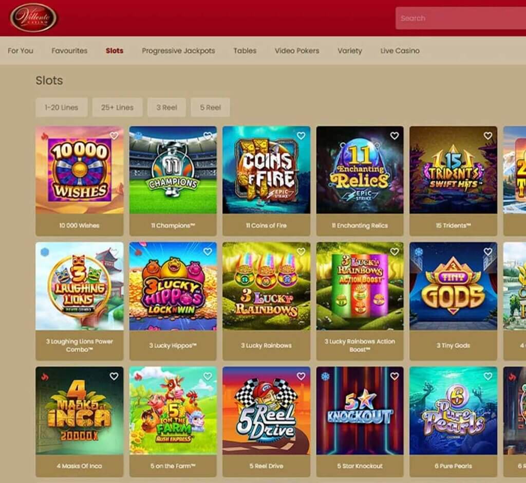 Villento Casino desktop slots lobby screenshot presenting variety of slot games with categories and providers - verified