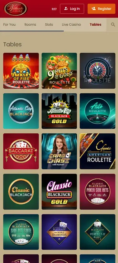 Villento Casino mobile table games interface screenshot showing selection of blackjack, roulette and baccarat games - captured during platform testing