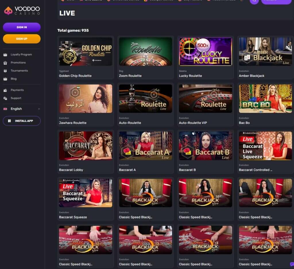 Voodoo Casino desktop live casino lobby screenshot featuring live dealer games and real-time streaming interface - review testing Voodoo Casino desktop live casino lobby screenshot featuring live dealer games and real-time streaming interface - review testing