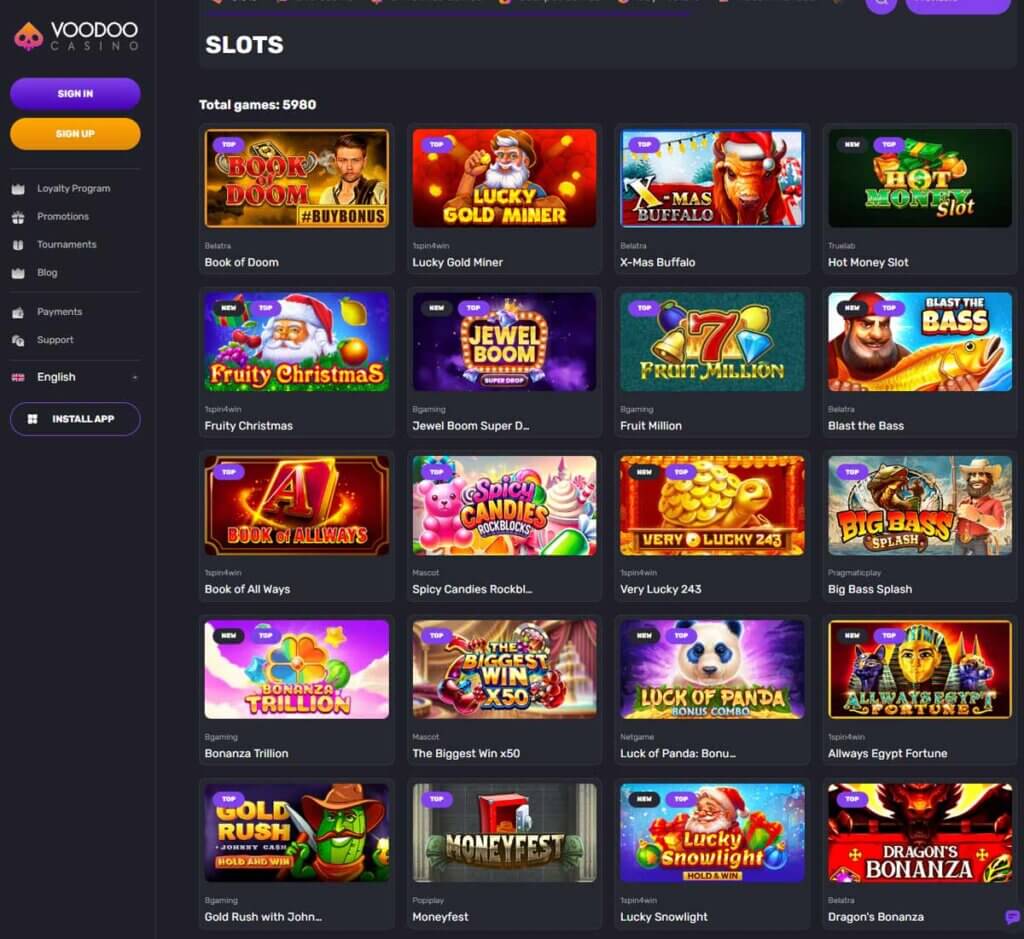 Voodoo Casino desktop slots lobby screenshot presenting variety of slot games with categories and providers - verified Voodoo Casino desktop slots lobby screenshot presenting variety of slot games with categories and providers - verified