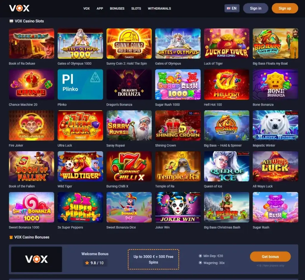 Vox Casino desktop homepage screenshot displaying main lobby with featured games, promotions and navigation menu - tested Vox Casino desktop homepage screenshot displaying main lobby with featured games, promotions and navigation menu - tested