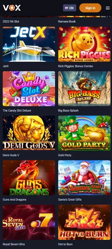 Vox Casino mobile slots interface screenshot showing slot game selection with popular titles and filtering options - captured during platform testing Vox Casino mobile slots interface screenshot showing slot game selection with popular titles and filtering options - captured during platform testing