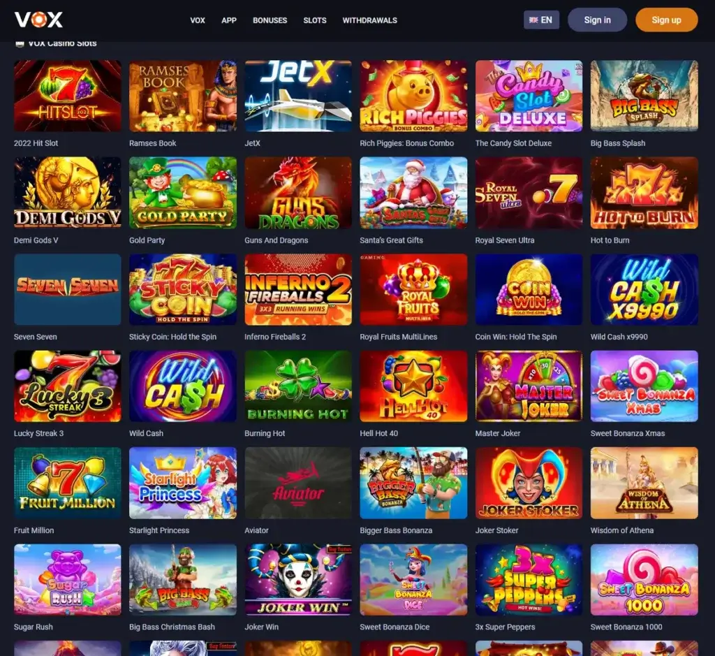 Vox Casino desktop slots lobby screenshot presenting variety of slot games with categories and providers - verified Vox Casino desktop slots lobby screenshot presenting variety of slot games with categories and providers - verified