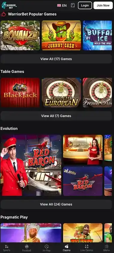 Warrior Bet Casino mobile homepage screenshot showing main lobby with featured games and promotions - captured during platform testing