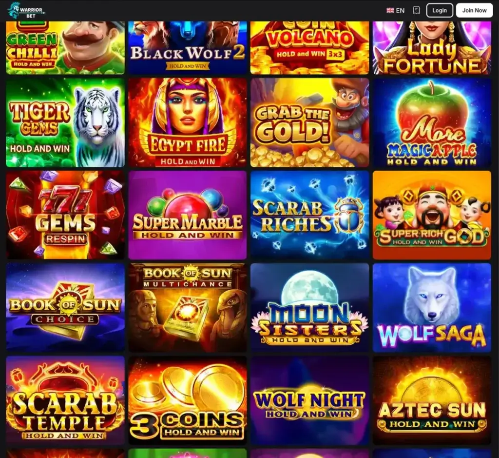 Warrior Bet Casino desktop slots lobby screenshot presenting variety of slot games with categories and providers - verified