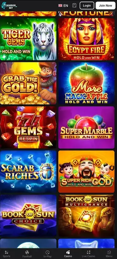 Warrior Bet Casino mobile slots interface screenshot showing slot game selection with popular titles and filtering options - captured during platform testing