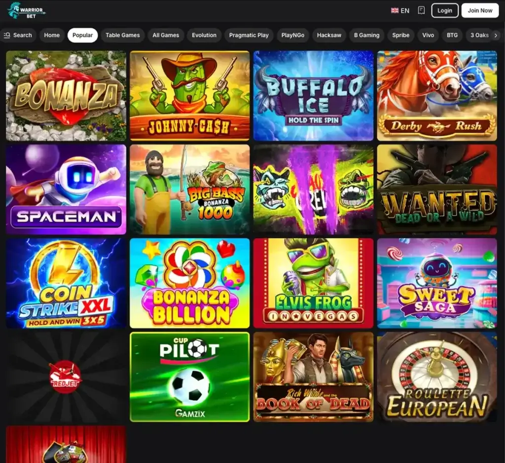Warrior Bet Casino desktop homepage screenshot displaying main lobby with featured games, promotions and navigation menu - tested