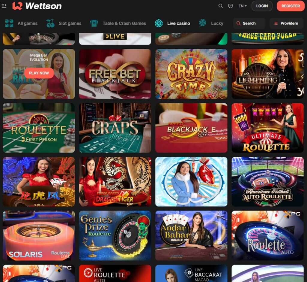 Wettson Casino desktop live casino screenshot showing real-dealer tables including roulette, blackjack and baccarat with lobby navigation - tested Wettson Casino desktop live casino screenshot showing real-dealer tables including roulette, blackjack and baccarat with lobby navigation - tested