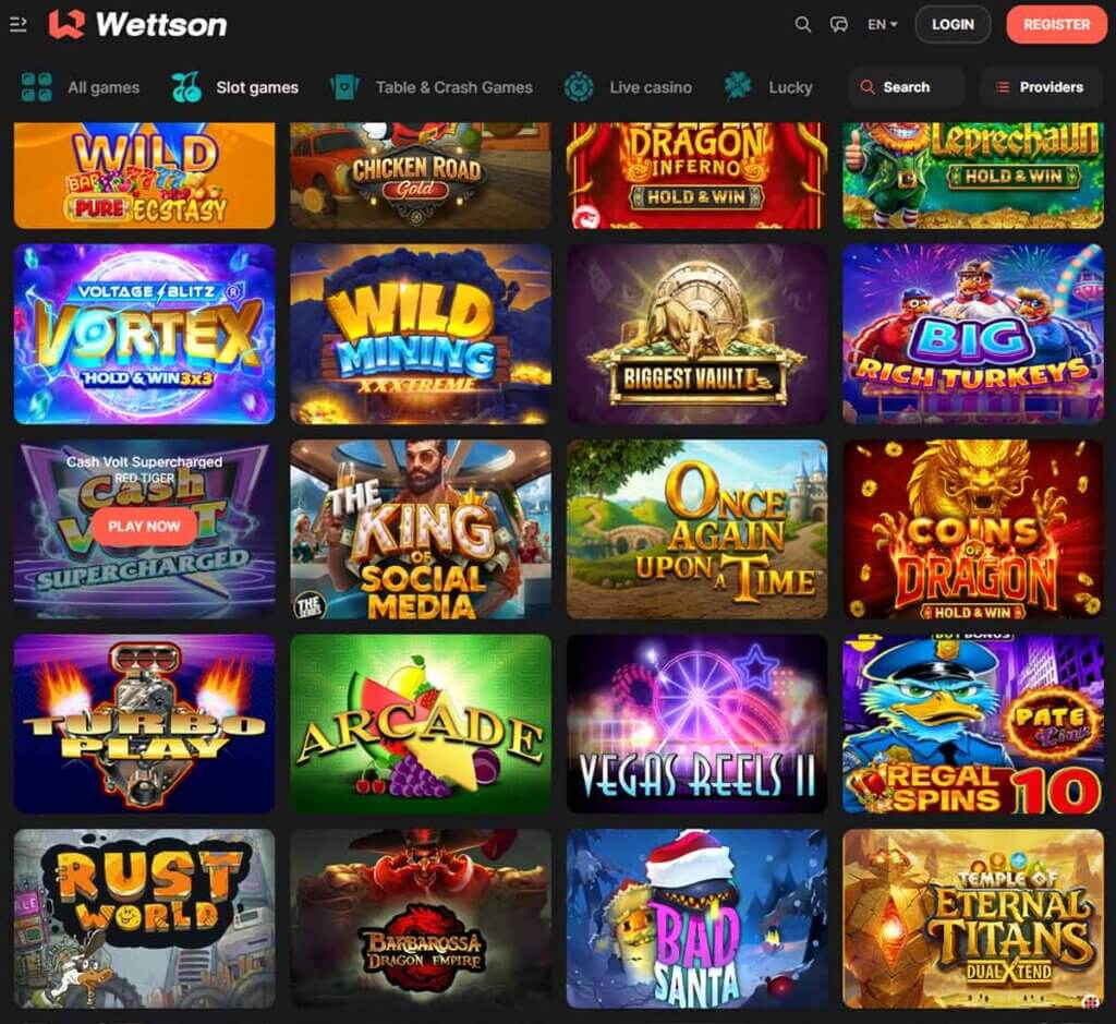 Wettson Casino desktop slots screenshot showing slot game categories, featured titles and filtering options - tested Wettson Casino desktop slots screenshot showing slot game categories, featured titles and filtering options - tested