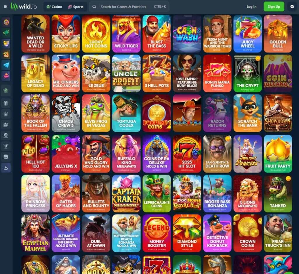 Wild.io Casino desktop slots lobby screenshot presenting variety of slot games with categories and providers - verified