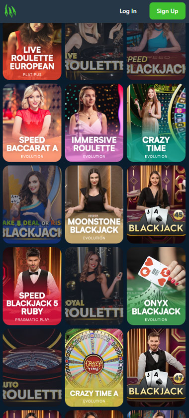 Wild.io Casino mobile live casino interface screenshot showing live dealer tables including blackjack and roulette - tested