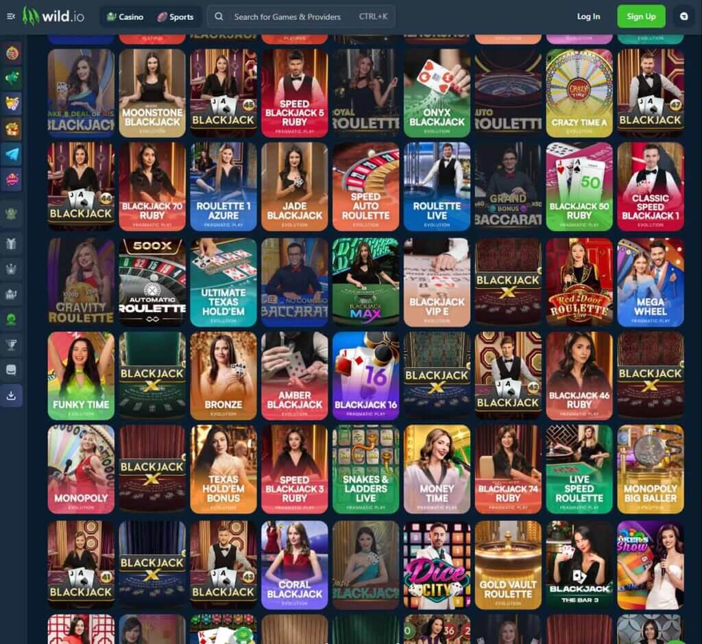 Wild.io Casino desktop live casino lobby screenshot featuring live dealer games and real-time streaming interface - review testing