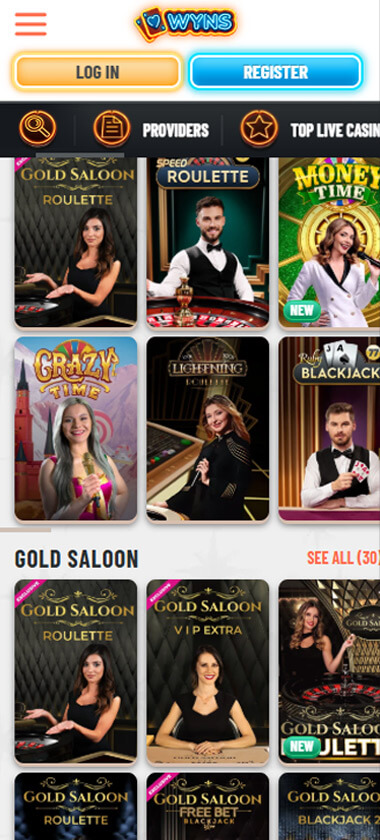 Wyns Casino mobile live casino interface screenshot showing live dealer tables including blackjack and roulette - tested Wyns Casino mobile live casino interface screenshot showing live dealer tables including blackjack and roulette - tested