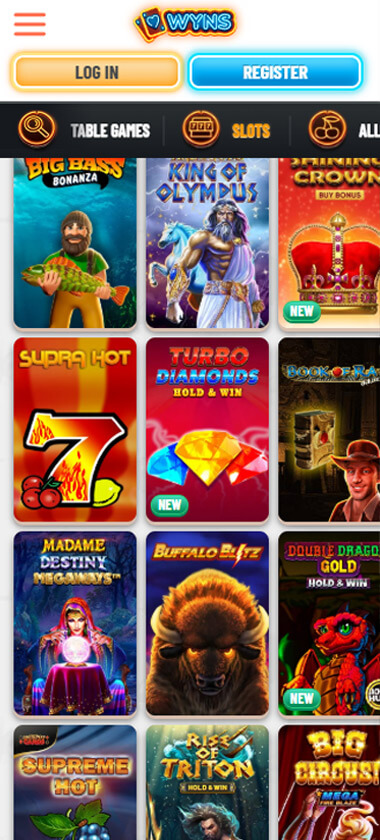 Wyns Casino mobile slots interface screenshot showing slot game selection with popular titles and filtering options - captured during platform testing Wyns Casino mobile slots interface screenshot showing slot game selection with popular titles and filtering options - captured during platform testing