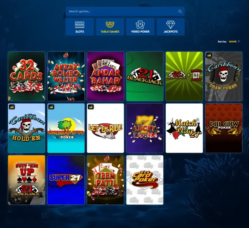 Yabby Casino desktop table games lobby screenshot displaying classic casino games such as blackjack, roulette and baccarat - tested