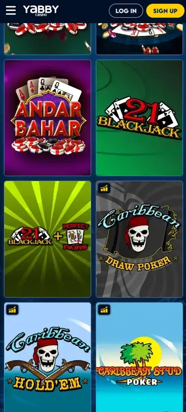 Yabby Casino mobile table games interface screenshot showing selection of blackjack, roulette and baccarat games - captured during platform testing