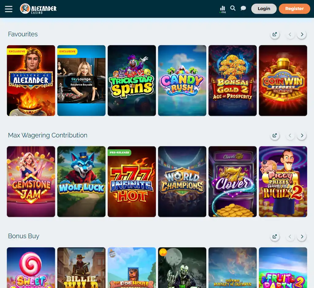 Alexander Casino desktop homepage screenshot displaying main lobby with featured games, promotions and navigation menu - tested