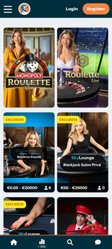 Alexander Casino mobile live casino interface screenshot showing live dealer tables including blackjack and roulette - tested