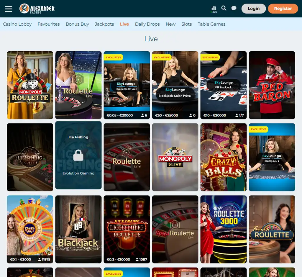 Alexander Casino desktop live casino lobby screenshot featuring live dealer games and real-time streaming interface - review testing