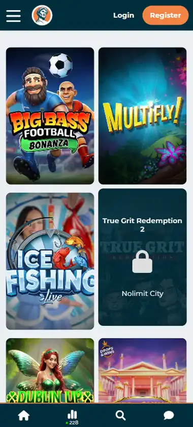 Alexander Casino mobile slots interface screenshot showing slot game selection with popular titles and filtering options - captured during platform testing