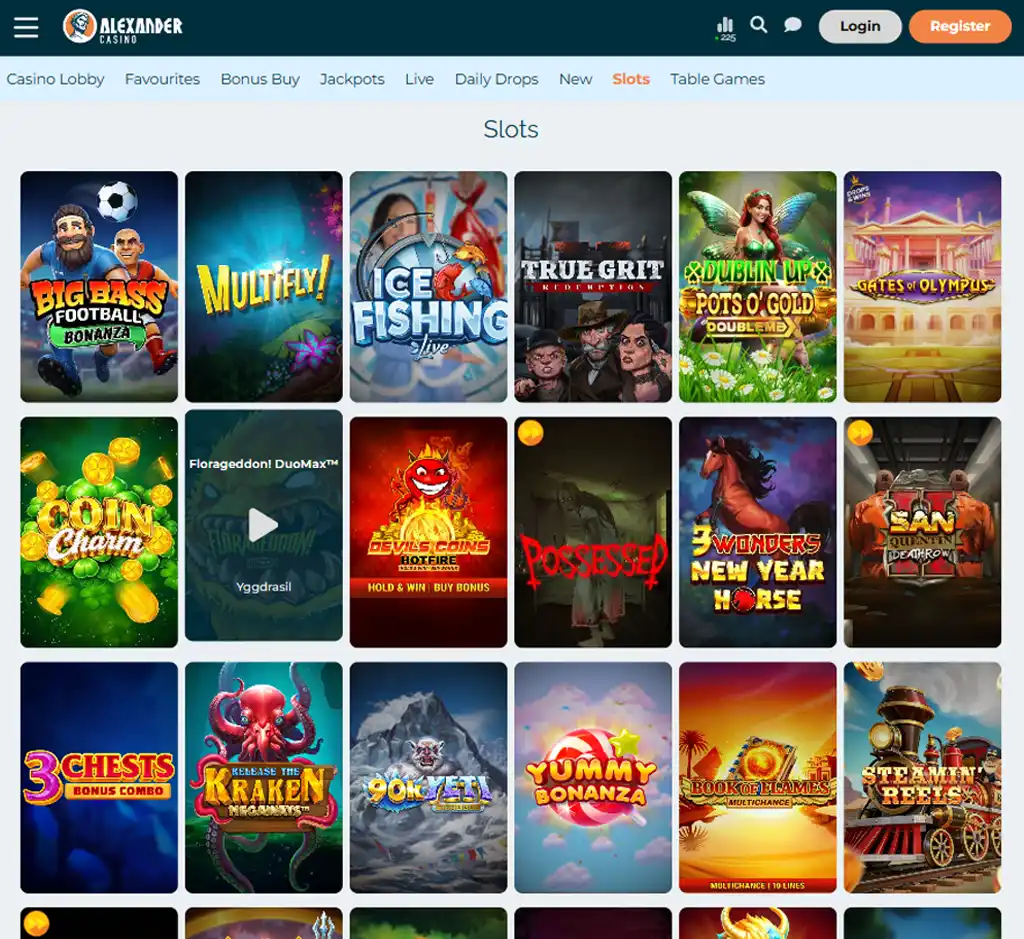 Alexander Casino desktop slots lobby screenshot presenting variety of slot games with categories and providers - verified