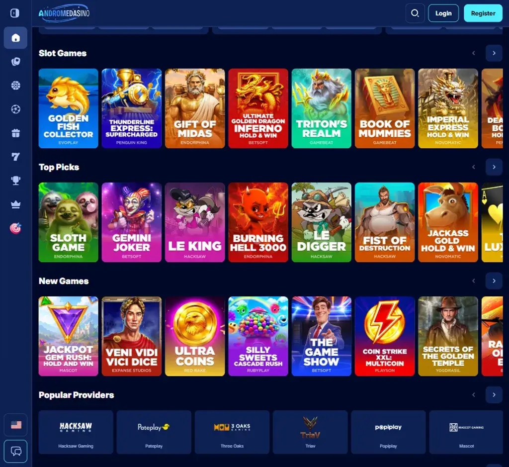 Andromedasino Casino desktop slots lobby screenshot presenting variety of slot games with categories and providers - tested Andromedasino Casino desktop slots lobby screenshot presenting variety of slot games with categories and providers - tested