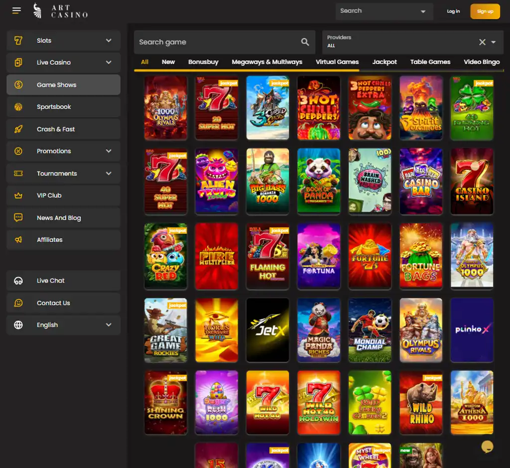 Art Casino desktop slots lobby screenshot presenting variety of slot games with categories and providers - verified