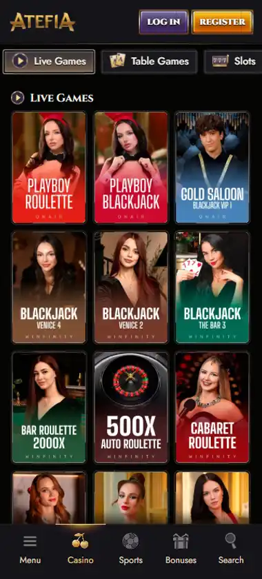 Atefia Casino mobile live casino interface showing live dealer tables including blackjack and roulette - captured during platform testing